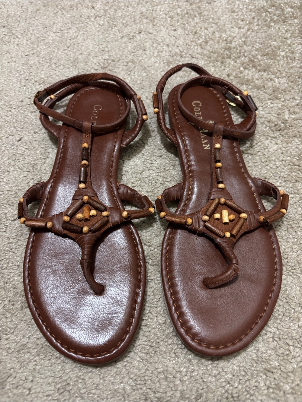 Cole Haan Larissa Brown Leather Beaded T-Strap Sandals Size 7B